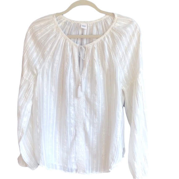 Boho Cotton Balloon Sleeve Metallic Stripe Cottagecore Blouse Ivory Off-white M - Picture 3 of 11